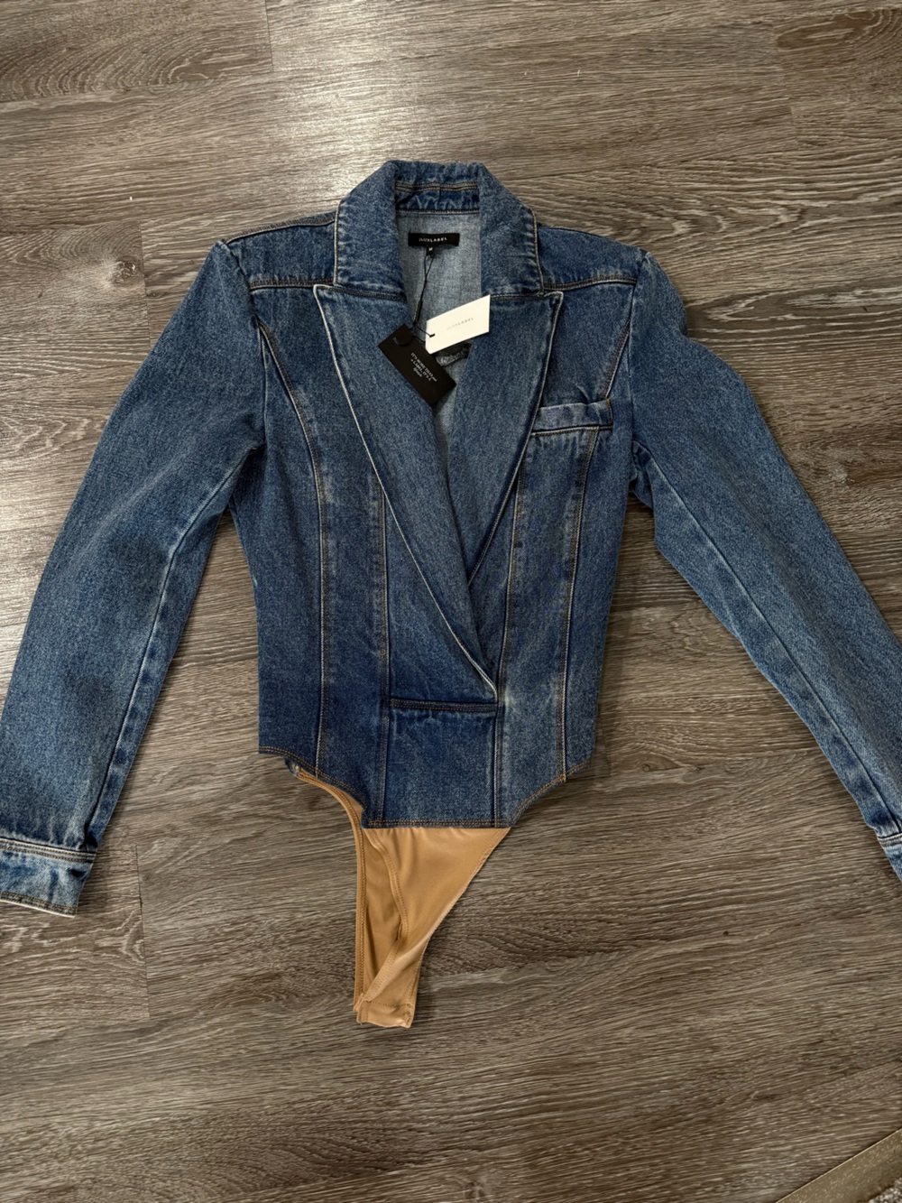 JLUXLABEL Blue Denim Bodysuit Jacket with Tan Trim